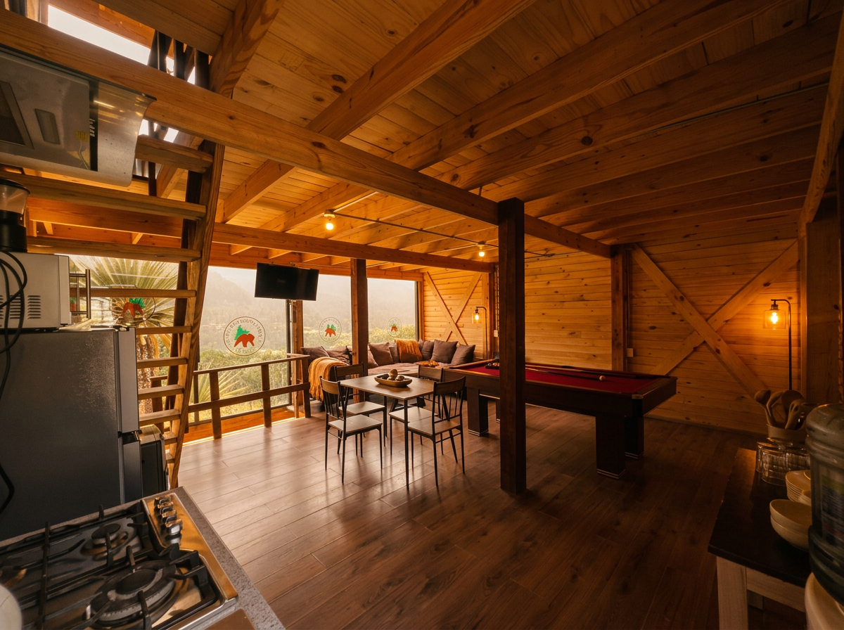 Estancia de madera con billar y comedor