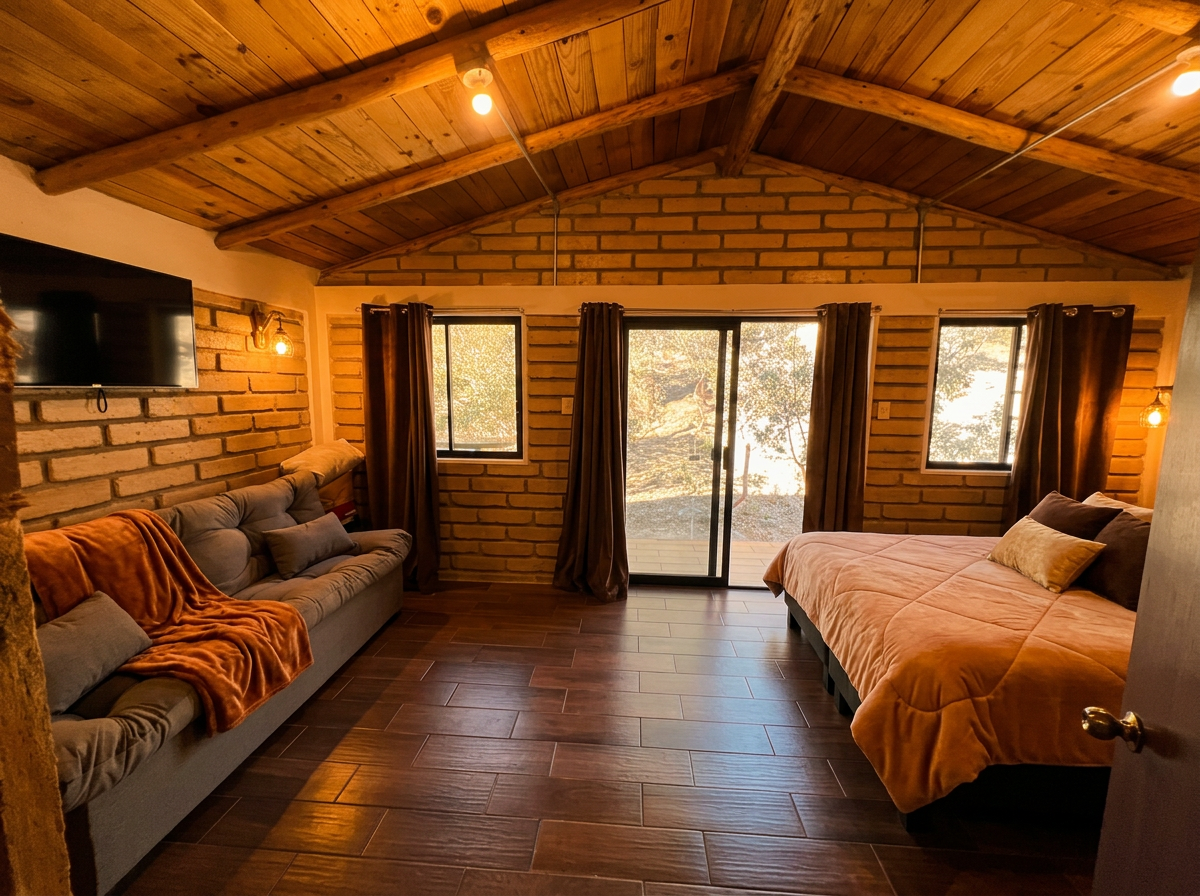 Habitación de ladrillo con cama king
