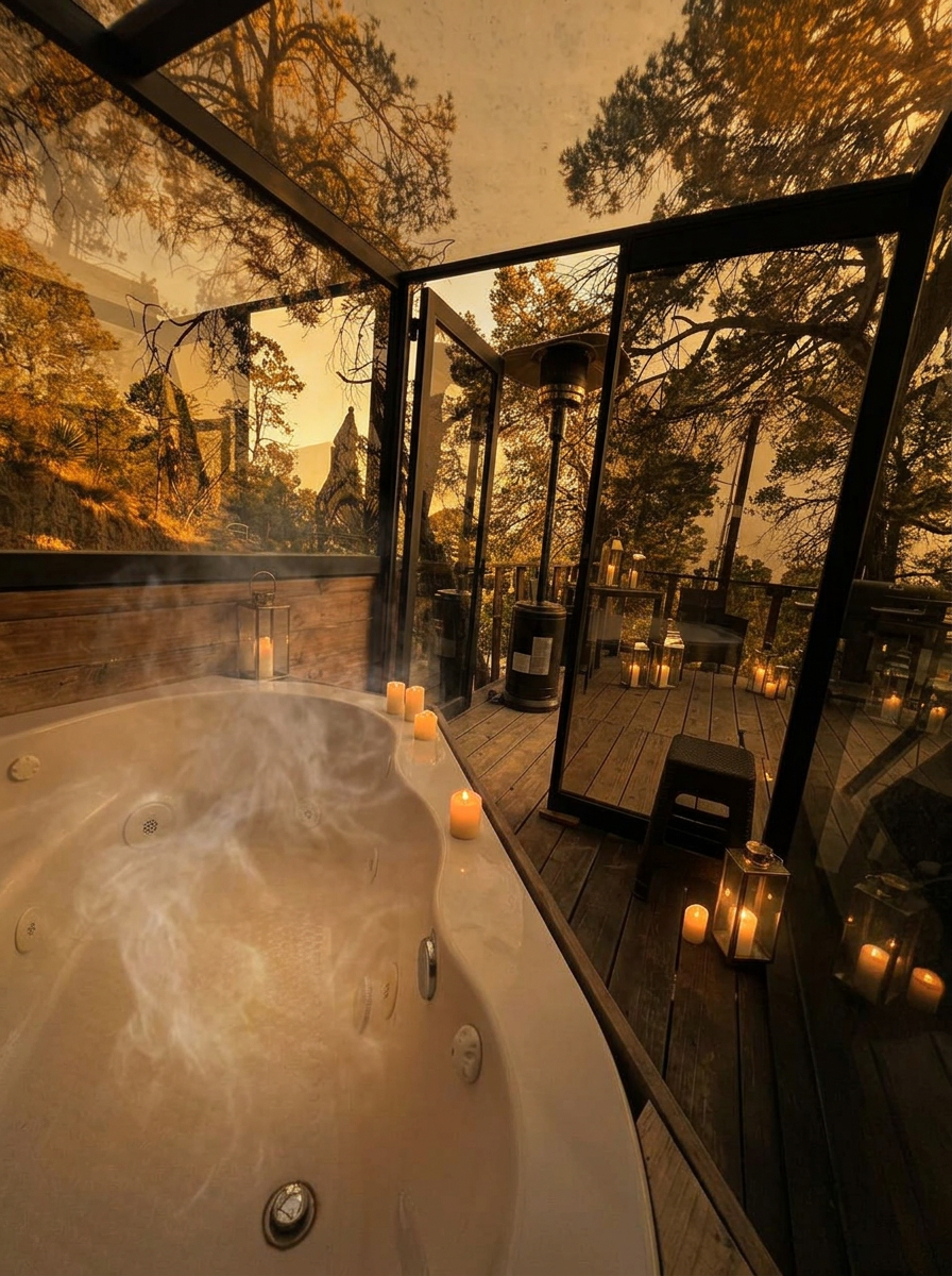 Jacuzzi en mirador de cristal entre los pinos