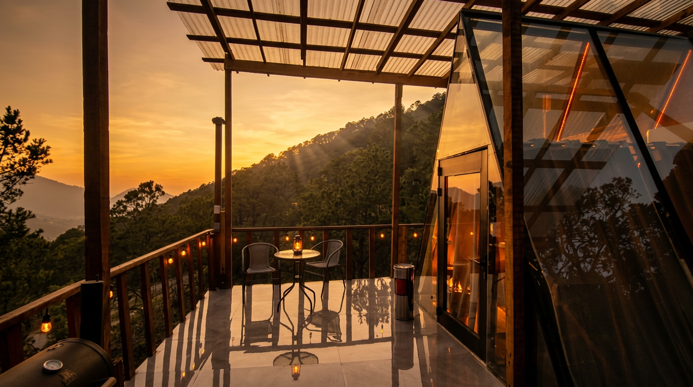 Terraza con vista al atardecer en la sierra